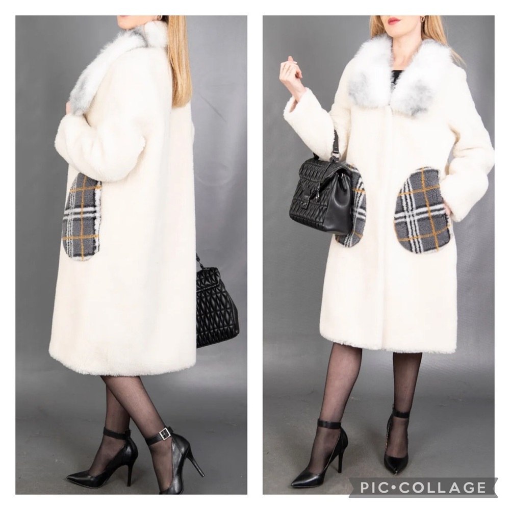 NWT Diana Winter Glamorous Sheepskin Coat With Faux Fox Collar Sz S/M
